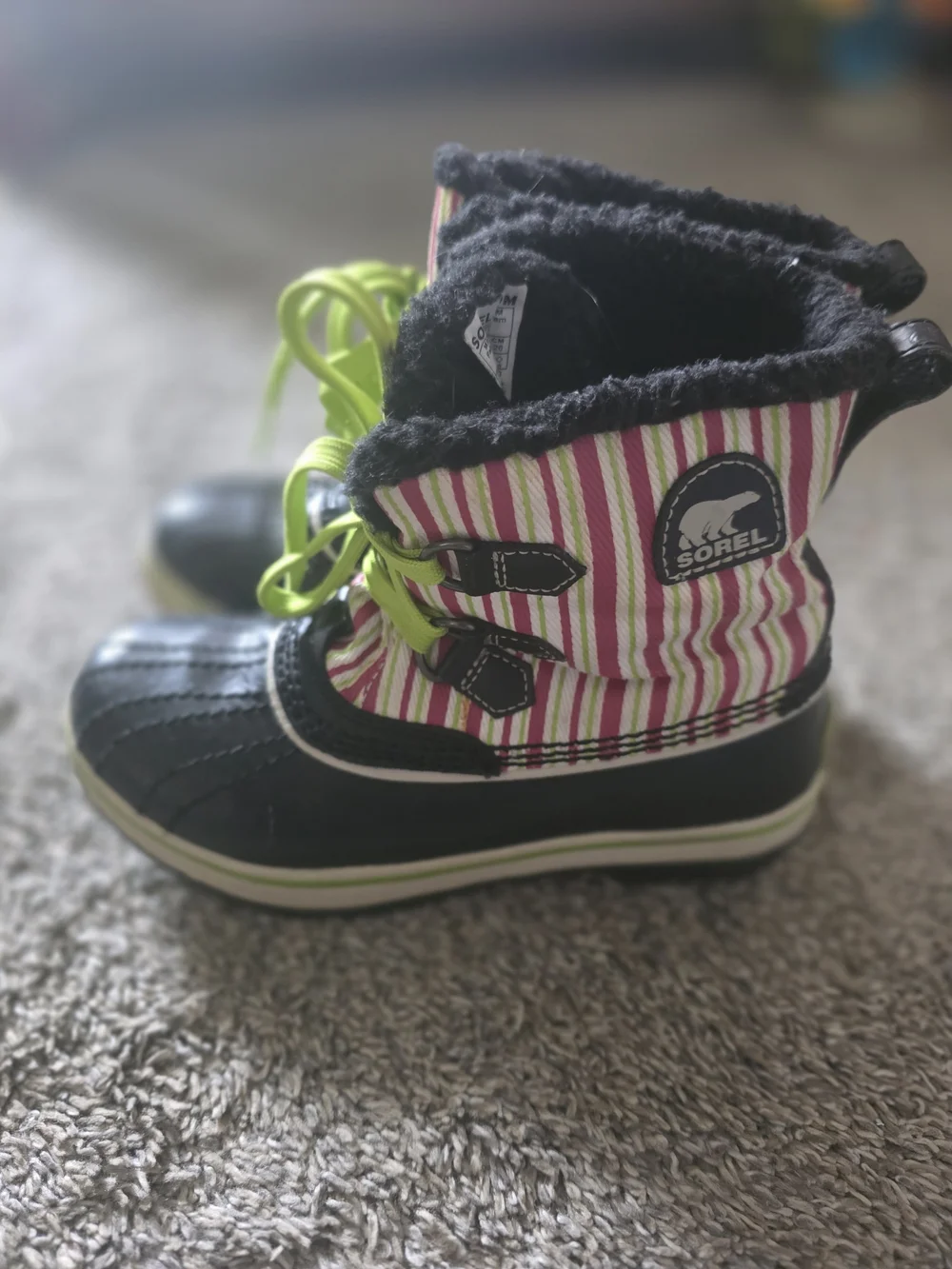 Sorel Kids Black, Pink & White Stripe Winter Boots with Lime Laces
